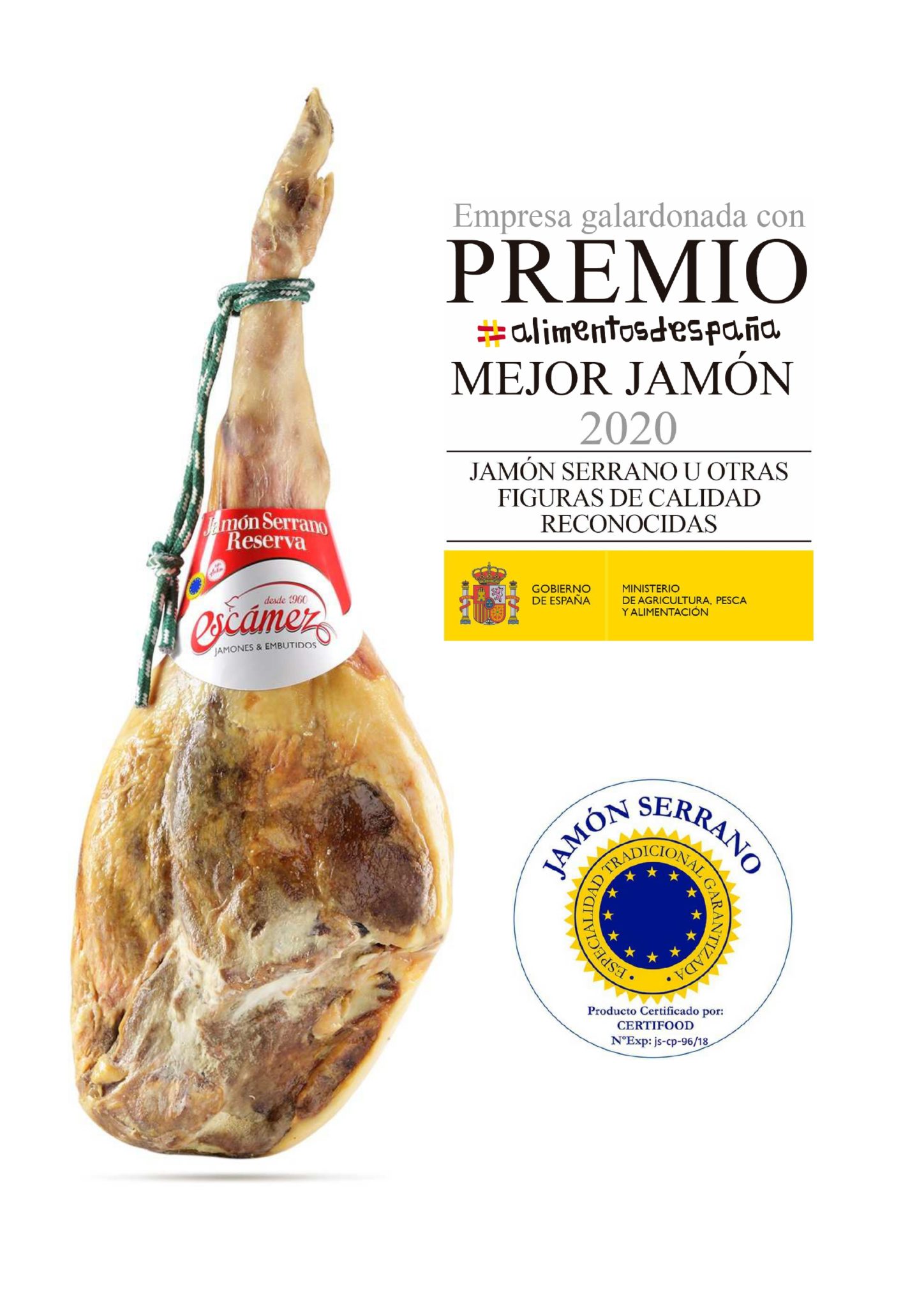 Jamón Serrano Escámez ganador del premio alimentos de España Mejor Jamón 2020.